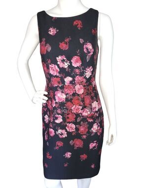 Talbots Black Floral Midi Sheath Dress with Pink Roses
